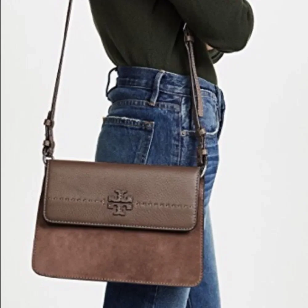 NWT Tory Burch McGraw Shoulder Crossbody Bag Mixed Leather Suede Silver Maple
